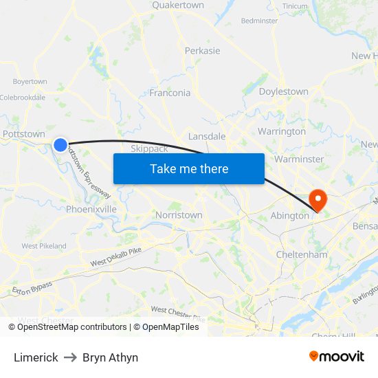 Limerick to Bryn Athyn map