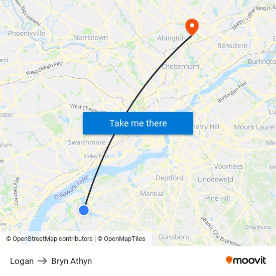 Logan to Bryn Athyn map