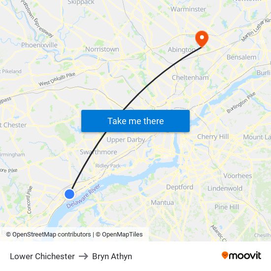 Lower Chichester to Bryn Athyn map