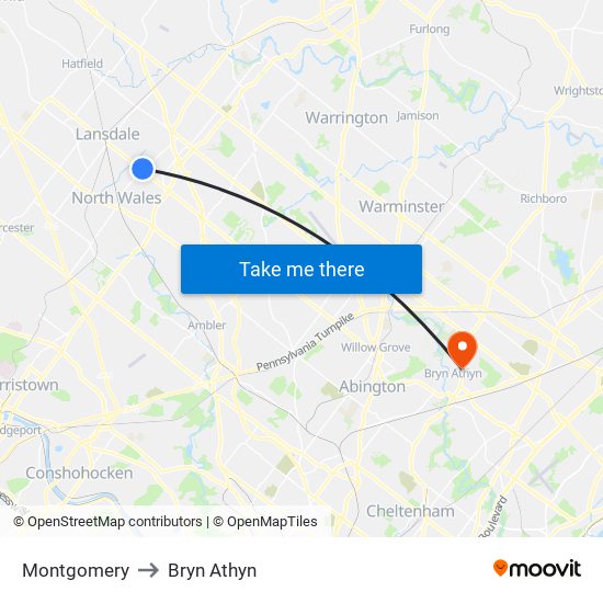 Montgomery to Bryn Athyn map