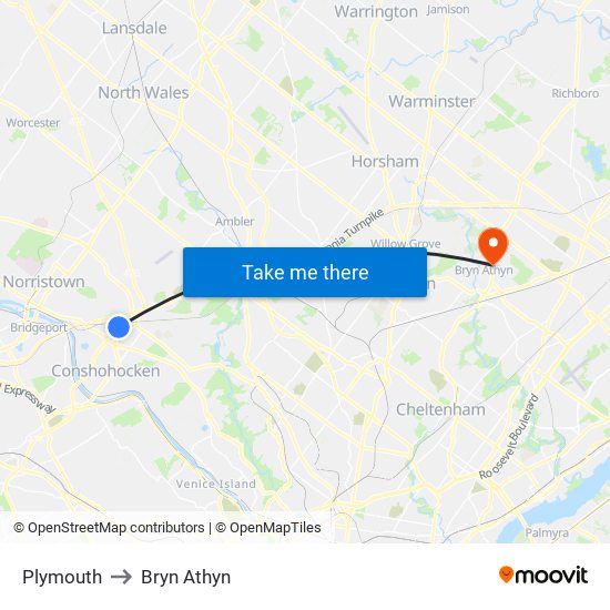 Plymouth to Bryn Athyn map