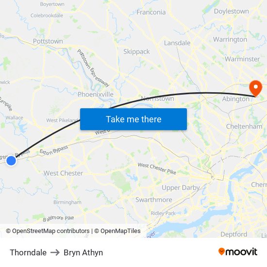 Thorndale to Bryn Athyn map