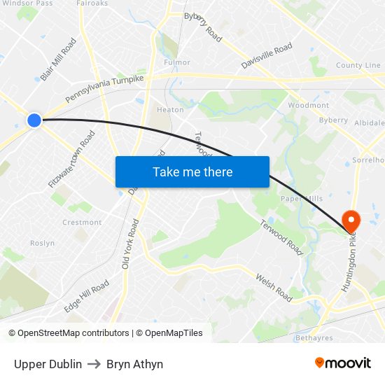 Upper Dublin to Bryn Athyn map