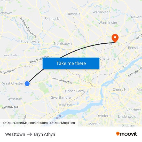 Westtown to Bryn Athyn map