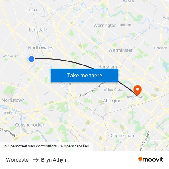 Worcester to Bryn Athyn map