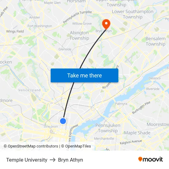 Temple University to Bryn Athyn map