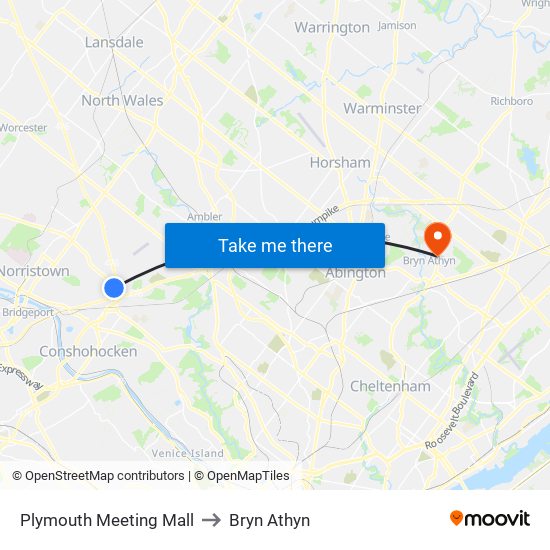 Plymouth Meeting Mall to Bryn Athyn map