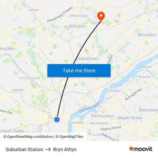 Suburban Station to Bryn Athyn map