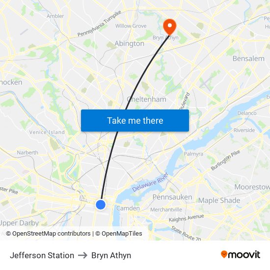 Jefferson Station to Bryn Athyn map