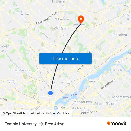 Temple University to Bryn Athyn map