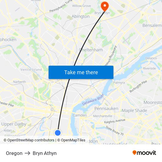 Oregon to Bryn Athyn map