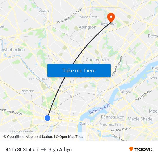 46th St Station to Bryn Athyn map