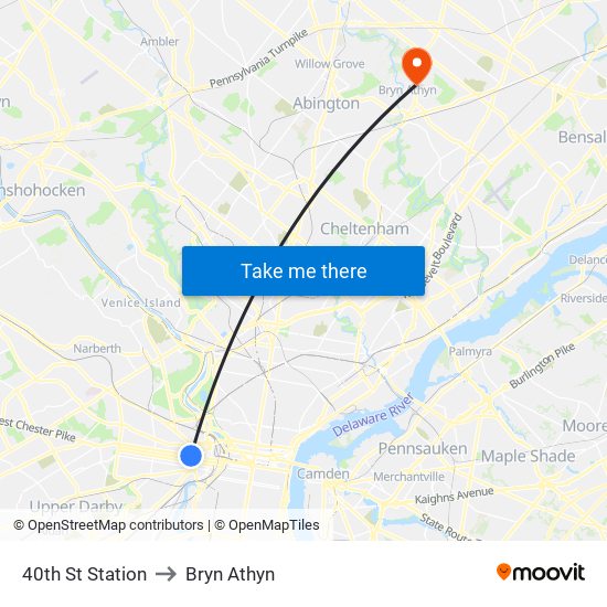 40th St Station to Bryn Athyn map