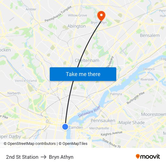 2nd St Station to Bryn Athyn map