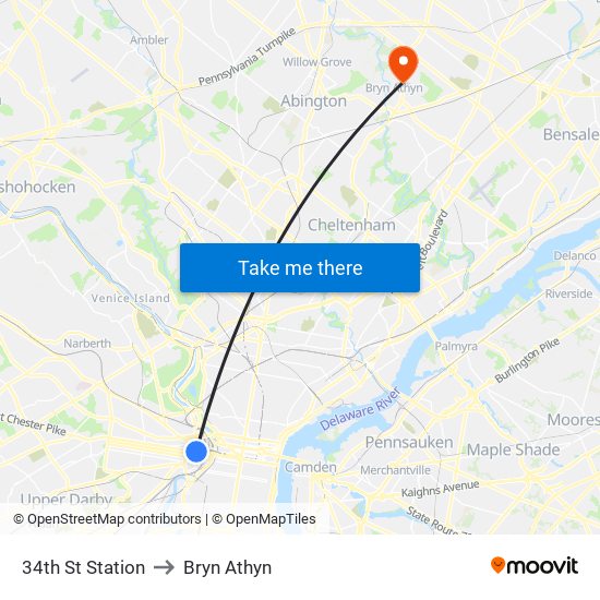 34th St Station to Bryn Athyn map