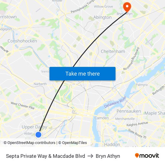 Septa Private Way & Macdade Blvd to Bryn Athyn map