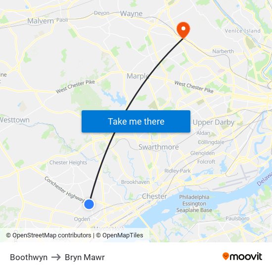 Boothwyn to Bryn Mawr map