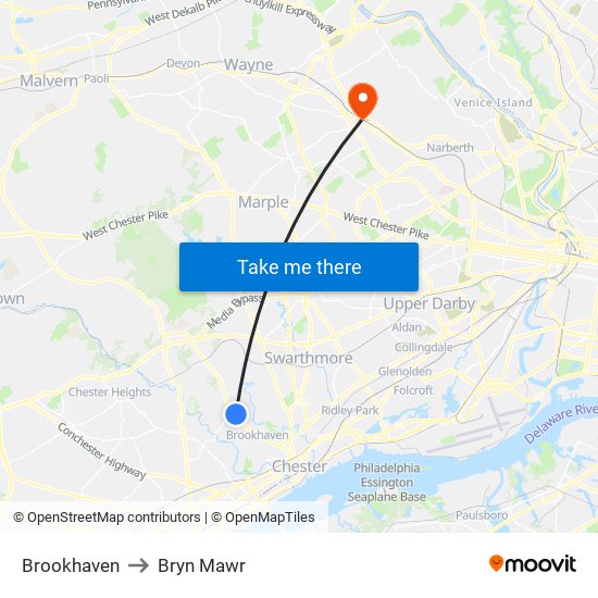 Brookhaven to Bryn Mawr map