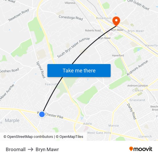 Broomall to Bryn Mawr map