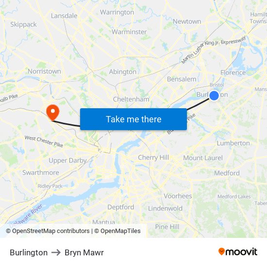 Burlington to Bryn Mawr map