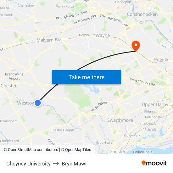 Cheyney University to Bryn Mawr map