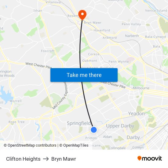 Clifton Heights to Bryn Mawr map