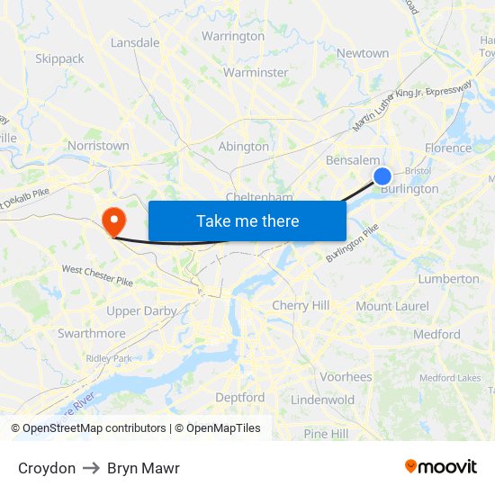 Croydon to Bryn Mawr map