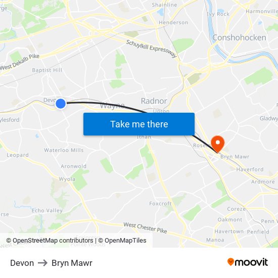 Devon to Bryn Mawr map