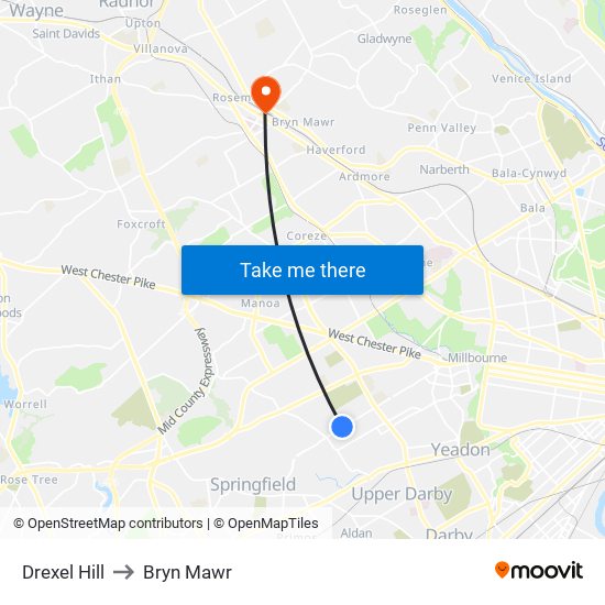 Drexel Hill to Bryn Mawr map