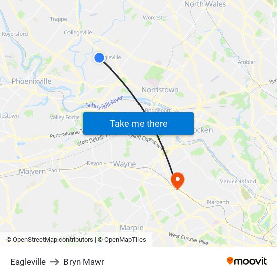 Eagleville to Bryn Mawr map