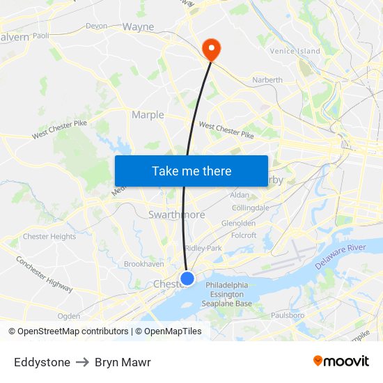 Eddystone to Bryn Mawr map