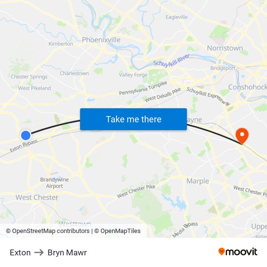 Exton to Bryn Mawr map