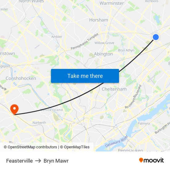 Feasterville to Bryn Mawr map