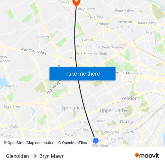 Glenolden to Bryn Mawr map