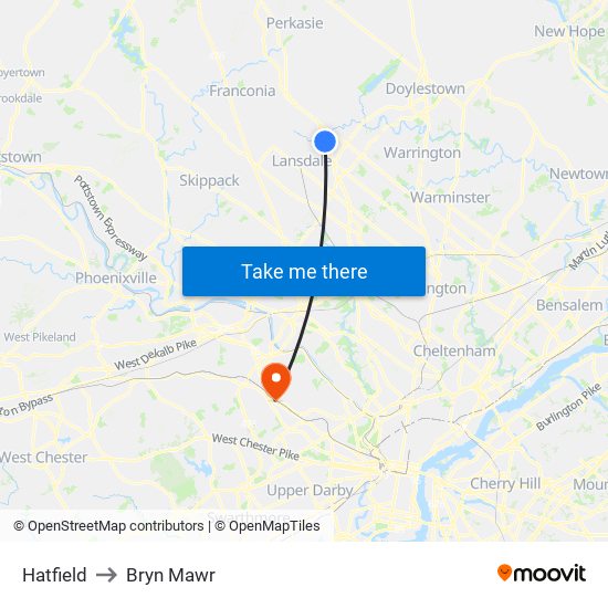 Hatfield to Bryn Mawr map