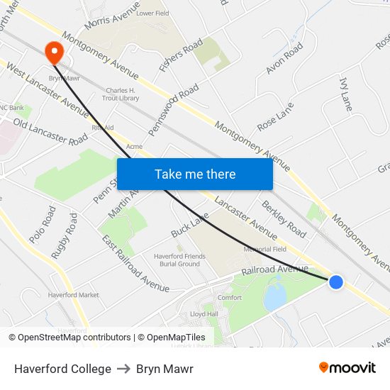 Haverford College to Bryn Mawr map