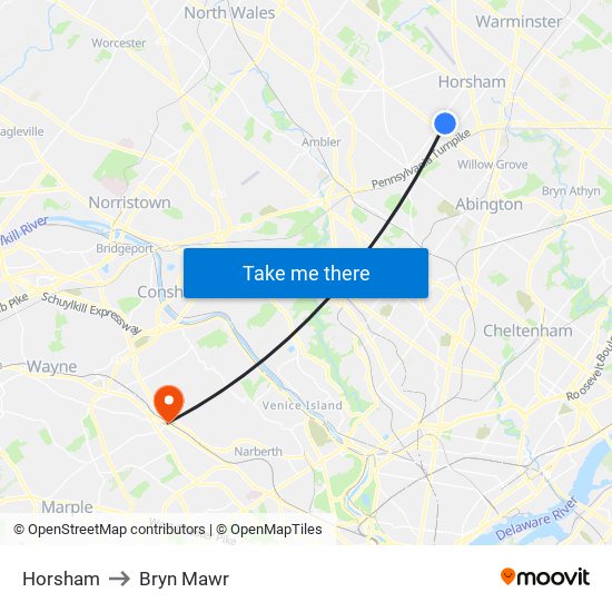 Horsham to Bryn Mawr map