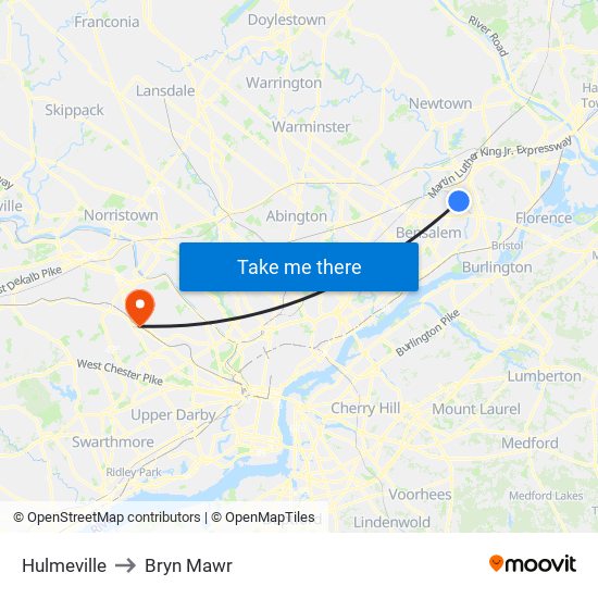 Hulmeville to Bryn Mawr map