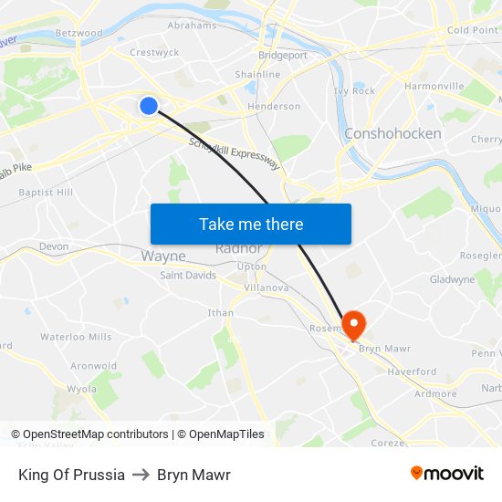 King Of Prussia to Bryn Mawr map
