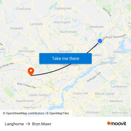 Langhorne to Bryn Mawr map