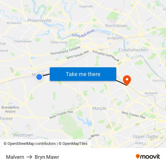 Malvern to Bryn Mawr map