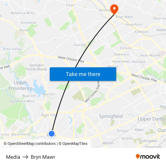 Media to Bryn Mawr map