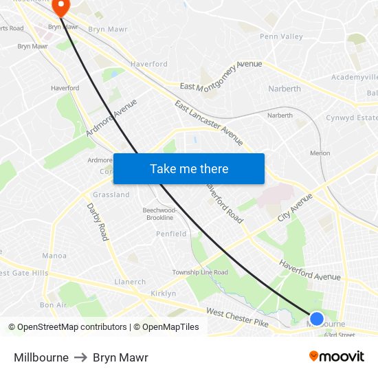 Millbourne to Bryn Mawr map