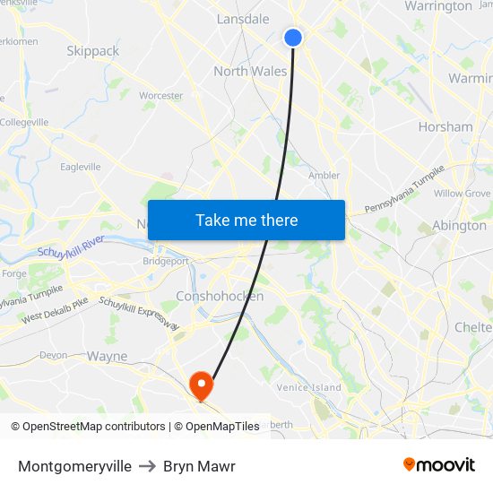 Montgomeryville to Bryn Mawr map