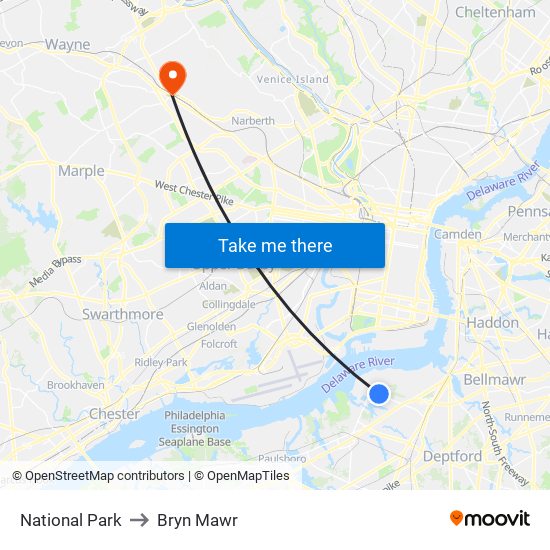 National Park to Bryn Mawr map