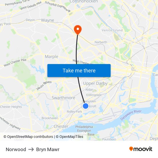 Norwood to Bryn Mawr map