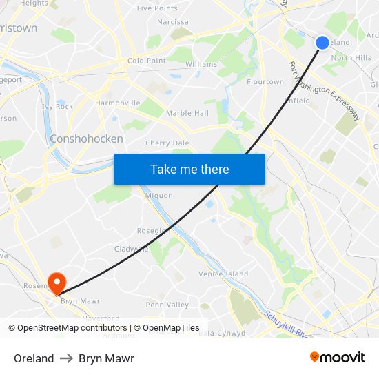 Oreland to Bryn Mawr map