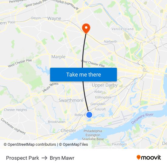 Prospect Park to Bryn Mawr map