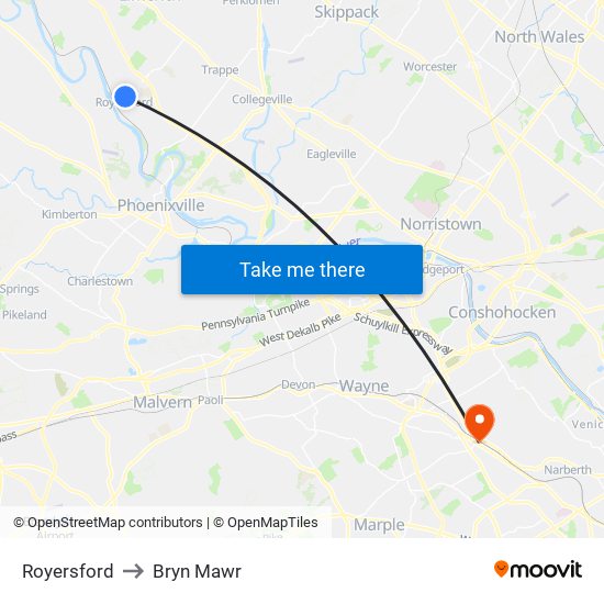 Royersford to Bryn Mawr map