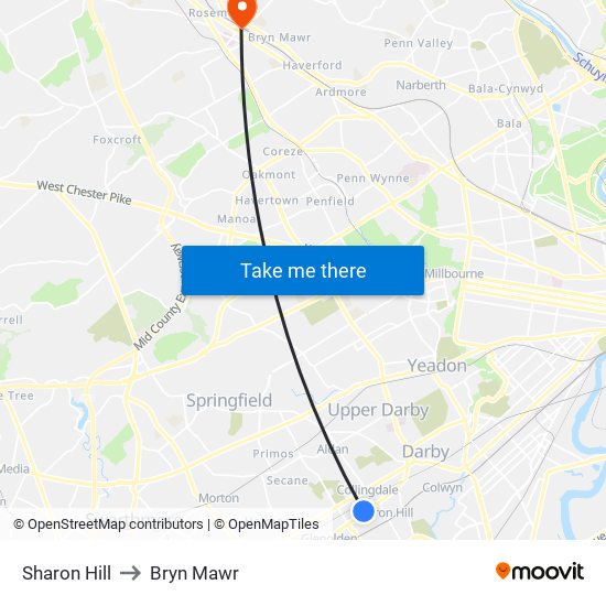Sharon Hill to Bryn Mawr map